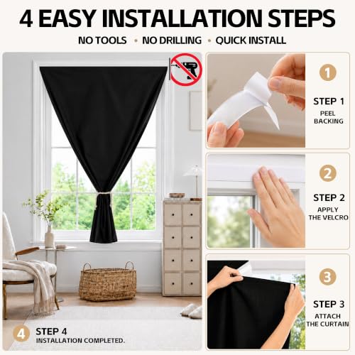 Adhesive Blackout Curtains for Blinds (Black / 52"W x 84"H)