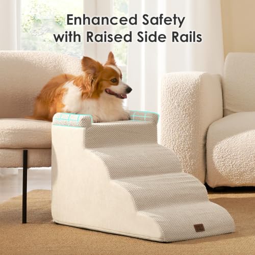 4 Step Curved Dog Stairs for Beds 17.6" H (Beige / 31.3"l X 15.7"w X 19.3"h)