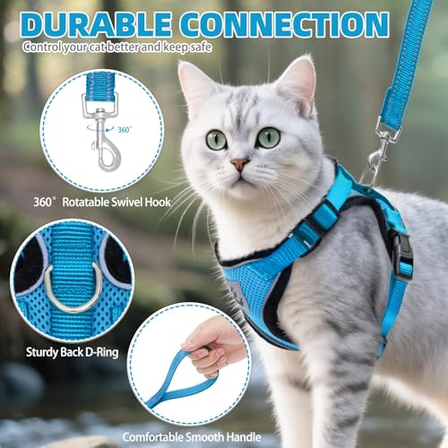 Cat Harness and Leash Set Escape Proof Reflective Cat Walking Harness Adjustable Soft Breathable Mesh Vest for Small Pets (XS (NECK 8.5", CHEST 11"-14") / Blue)