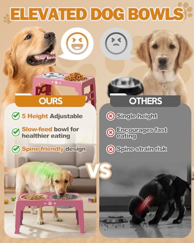 Elevated Dog Bowls for Medium Large Size Dogs (for Medium Large Dogs 1 Basic&1Slow Bowl / Pink)