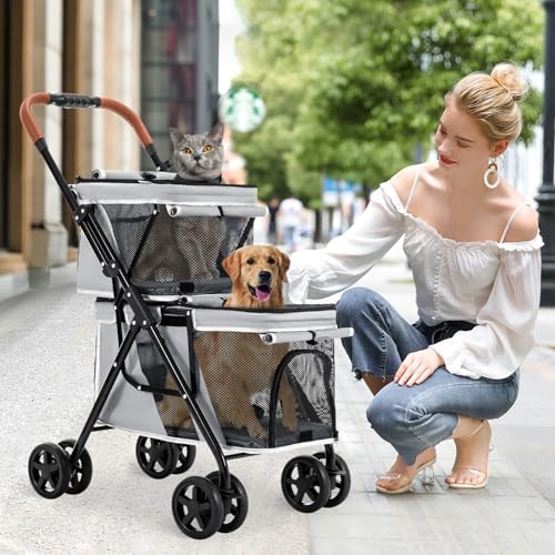Double Pet Stroller for 2 Dogs & Cats (Gray)