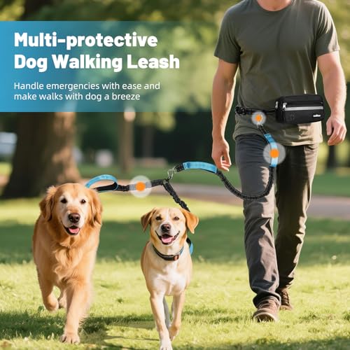 Hands Free Dog Leash for 2 Dogs with Pouch (Black/Blue / 2 Leashes)