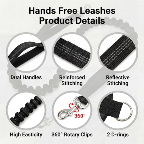 Hands Free Dog Leash 3 Zipper Pounchs with Reflective Strips Poop Bag Dispenser (Black)