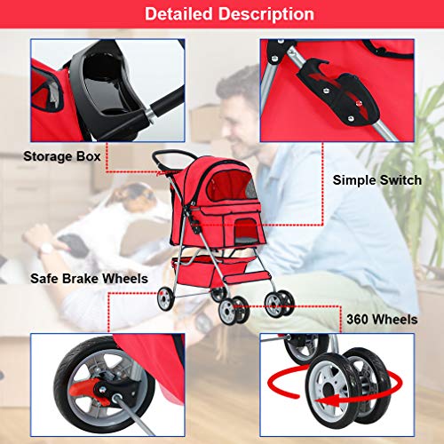 4 Wheel Foldable Pet Stroller (Red / 4 Wheels)