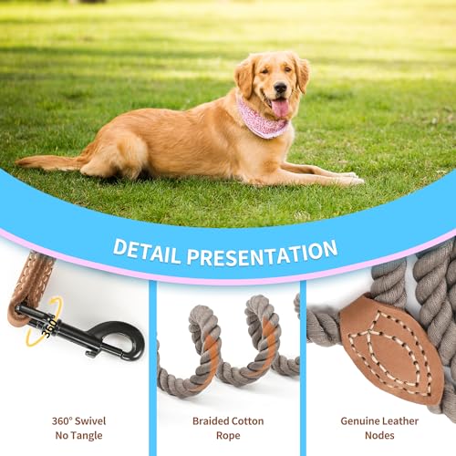 Dog Leash Braided Cotton Rope with Leather (Camel / 18 Inch-1/2")