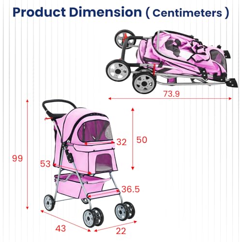 4 Wheel Foldable Pet Stroller (Pink / 4 Wheels)