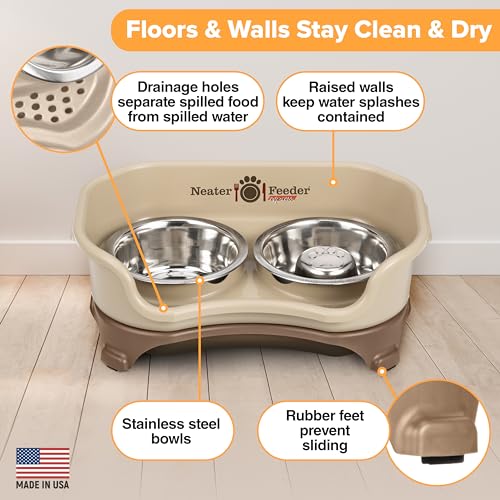 Express Mess Proof Dog Bowls Elevated for Small Breeds Under 15 Lb (Small w/ Metal Slow Feed Bowl / Cappuccino)