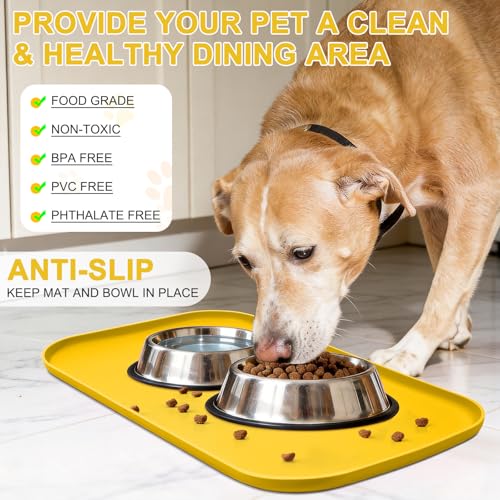 Waterproof Silicone Pet Food Mat with Raised Edge for Dog & Cat (Vivid Yellow / 19"L x 12"W)