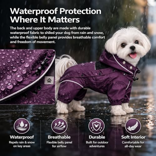 Waterproof Dog Raincoat with Removable Hood (Plum Purple / S (Back 11.5"))