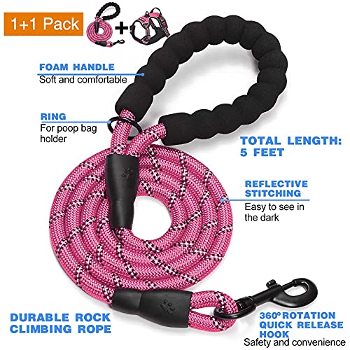 No Pull Dog Harness Adjustable Reflective Oxford Easy Control Medium Large Dog Harness with A Free Heavy Duty 5ft Dog Leash (Pink / Medium)