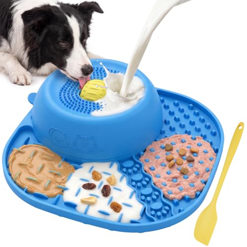 Slow Feeder Dog Bowl with Rotating Lick Ball Blue (Blue)