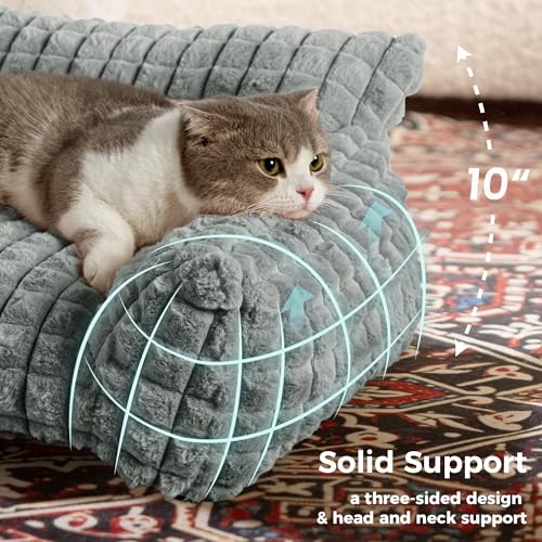 Cat Couch Bed with Fluffy Faux Rabbit Fur for Indoor Cats (Grey / Large: 36"L x 27"W x 10"Th)