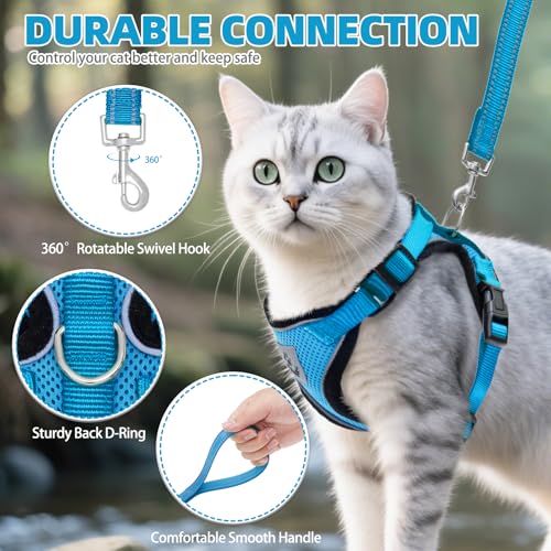 Cat Harness and Leash Set Escape Proof Reflective Cat Walking Harness Adjustable Soft Breathable Mesh Vest for Small Pets (M (NECK 11"-13.7", CHEST 16"-20") / Blue)
