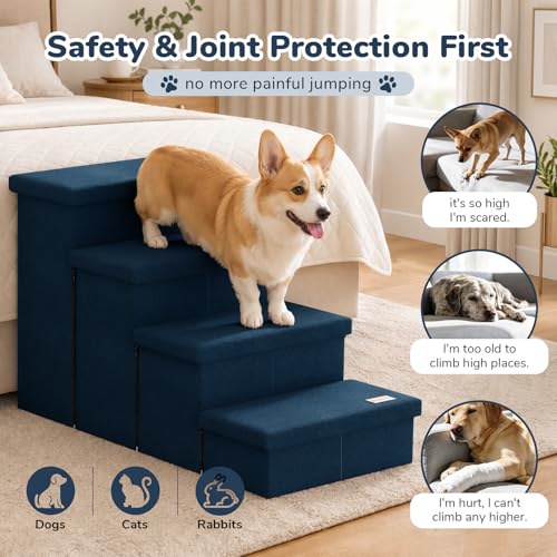 4 Step Wide Dog Stairs with Storage 23" H (Navy / 40"D x 17"W x 23"H)