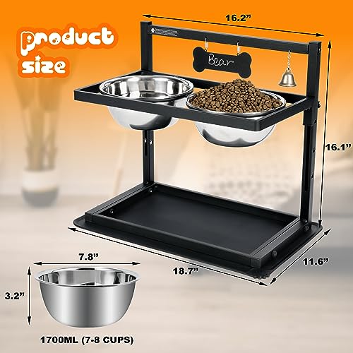 Elevated Raised Dog Bowls Stand Adjusable Height with Two 1.7L Stainless Steel Food Bowls and Spill Proof Mat (large dogs)