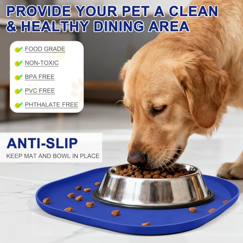 Waterproof Silicone Pet Food Mat with Raised Edge for Dog & Cat (Navy Blue / 12"L x 12"W)