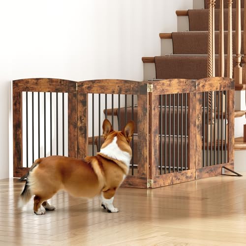 Indoor Dog Gate with Support Feet (Rustic Brown / 【4 Panels】80.3"L x 24"H)