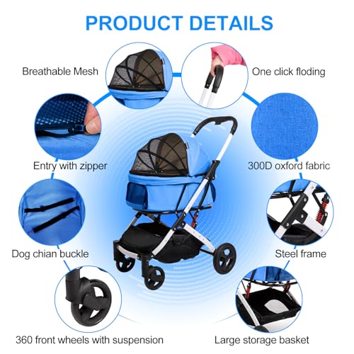 Pet Stroller for Small Dogs and Cats (Blue)