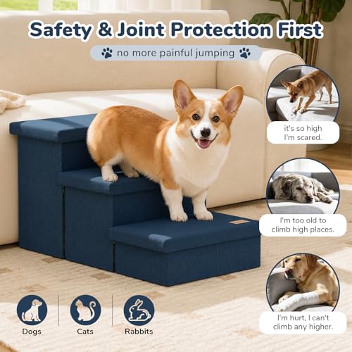 3 Step Wide Dog Stairs with Hidden Storage 18" H (Navy / 30"D x 17"W x 17.7"H)