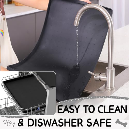 Silicone Cat & Dog Food Mat for Floors Waterproof (Black / 24''×16'')