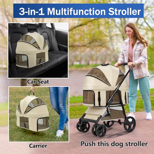 4 Wheels Pet Stroller for Small (Khaki)