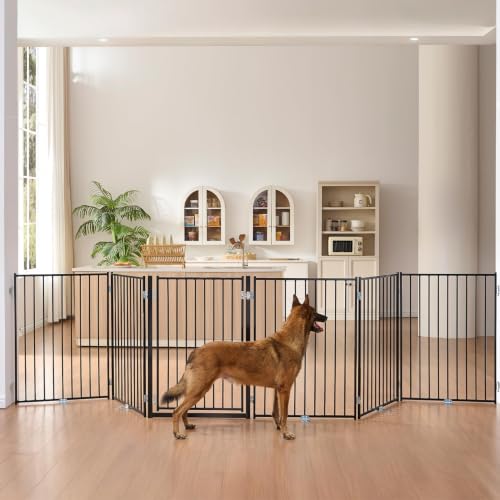 Freestanding Dog Gate with Door for Indoor & Outdoor (Black / 【6 Panels with Door】156"W×36"H)