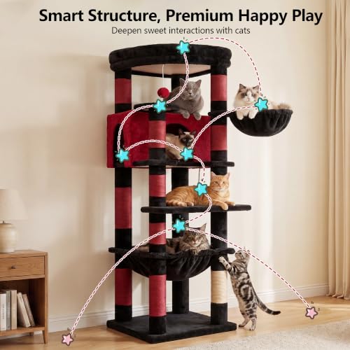 53.1" Corner Cat Tree for Large Cats (53 inch / Black and Red)