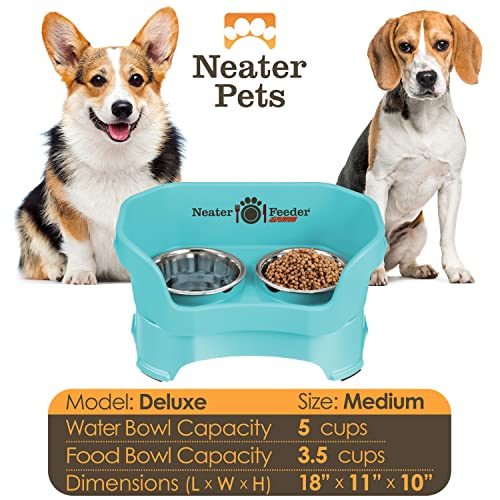 Neater Feeder Deluxe Mess Proof Dog Bowls Elevated for Medium Dogs 19 (Medium with Standard Bowl / Aquamarine)