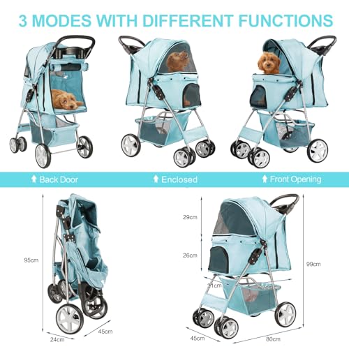 4 Wheel Pet Stroller for Small Dogs and Cats (Light Blue)