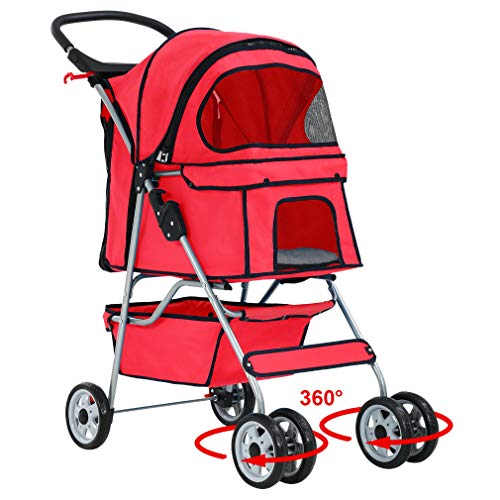 4 Wheel Foldable Pet Stroller (Red / 4 Wheels)