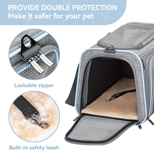 Large Double Expandable Cat Carrier for Large Cats and Small Dogs (19.0"L x 12.0"W x 12.0"H / Light Grey)