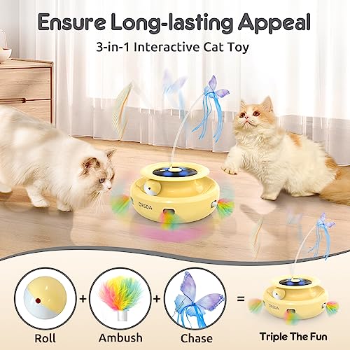 Cat Toy, 3-in-1 Automatic Interactive Electronic Moving Ambush Feather, Fluttering Butterfly, Track Balls, USB Rechargeable Powered Smart Indoor Exercise Kicker (Yellow)