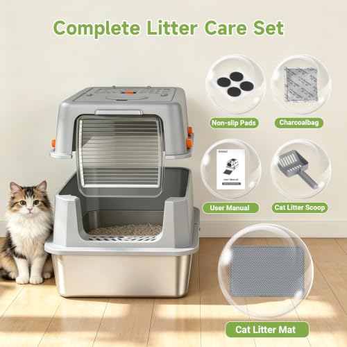 Enclosed Stainless Steel Litter Box (Grey)