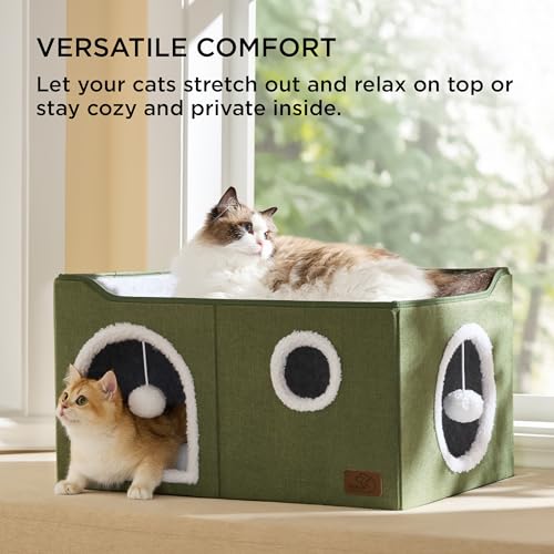 Extra Wide Cat House Bed with Fluffy Ball and Scratch Pad (Loden Green / Widen)