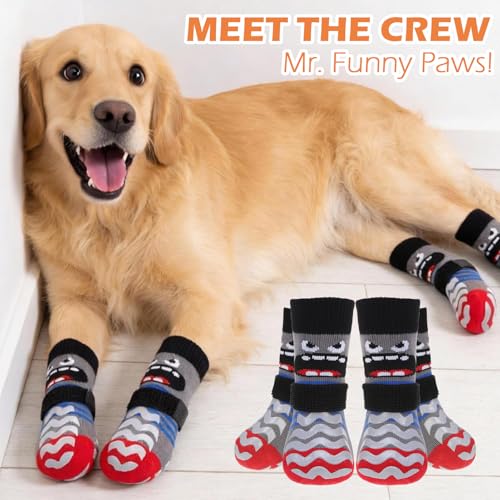 Dog Socks to Prevent Licking Paws with Grippers for Hardwood Floors Anti Slip (Medium / Grey)