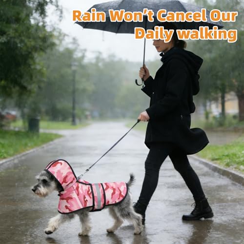 Dog Raincoat Hooded Slicker Poncho with Leash Hole (S:10-15lbs / Pink Camo)