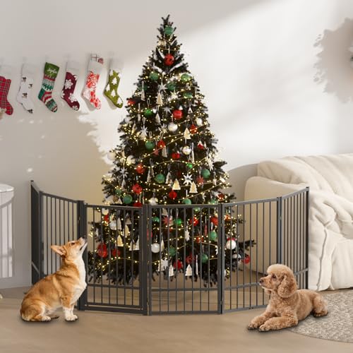 Full Metal Freestanding Dog Gate with Door (【6 Panels】120"W*32H" / Black)