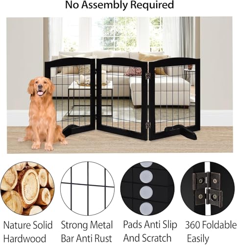 3 Panel Freestanding Wooden Dog Gate (30"Height-3 Panel / Black)