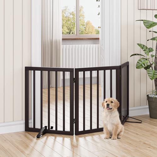 Dog Gates for Doorways Stair House Freestanding Pet Gates for Dogs Wooden Dog Gate with Support Feet Indoor Fence (Espresso / 3 Panel - 55 inches Wide)