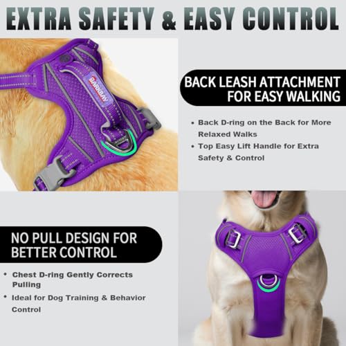 No Pull Dog Harness Large Reflective Dog Harness with Front Clip and Easy Control Handle for Walking Training Running with ID tag Pocket (Purple / Medium)