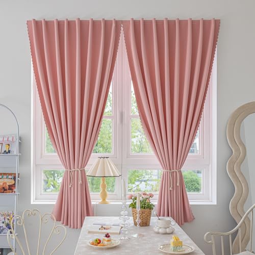 Magic Tape Stick on Curtains Blackout Curtains for Bedroom no Drillng Self Adhesive Curtain no Rod Small Window (Pink / 59"W x 98"L (Pack of 2))