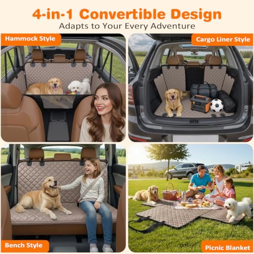 4 in 1 Dog Car Seat Cover for Back Seat (Khaki / Standard - 54" Length)