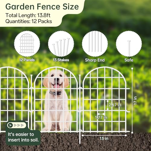 13.8ft(L) x 17in(H) Panels Garden Fence, 12 Panels Arched No Dig Fence, Decorative Animal Barrier Fencing with Ground Stake, Rustproof Metal Garden Edging Border for Dog, Outdoor Patio Decor, White (White / 12 Panels, 13.8ft(L) x 17in(H))
