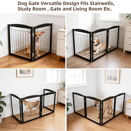 Freestanding Foldable Dog Gate for House Extra Wide Wooden Indoor Puppy Gate Stairs Doorways Pet Gate Tall Dog Fence 2 Panels Fence Black (Black / 【2 Panels】40''w x 24''h)