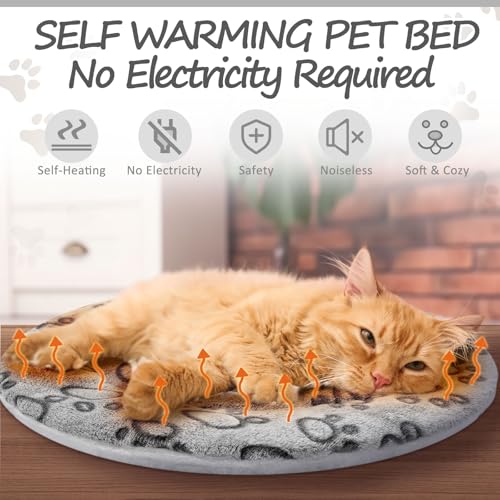 2 Pack Self Heating Cat Pad Self Heating Cat Bed Machine Washable Heat Pet Mat Reversible Body Thermal Warm Round Dog Bed Crate Blanket for Feral and Indoor Cats (16'' / Grey Dog Paw)