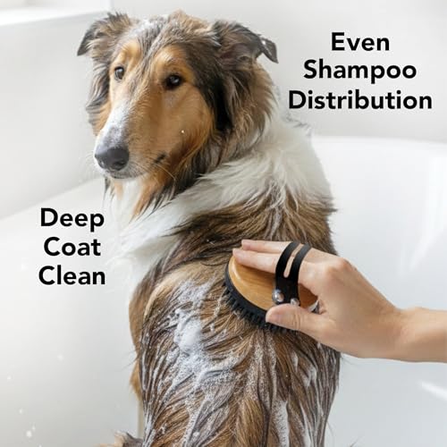 Bath Brush Dog Brush with Silicone Teeth & Bamboo Base to Release Debris & Undercoat