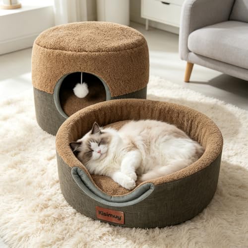 2-in-1 Cat Bed Cave, Cozy Covered Cat Beds for Indoor Cats,Pet Bed (Brown / L-19.7"Lx19.7"Wx15"H)