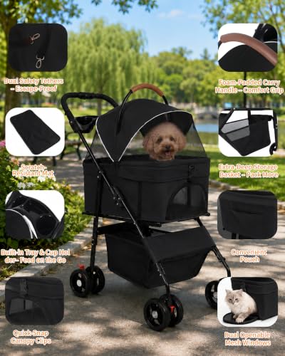 Pet Stroller 3 in1 Foldable Dog Cat Stroller with Detachable Carrier (BLACK)