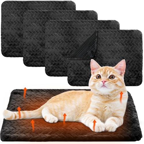 4 Pack Self Warming Cat Bed Mat Self Heating Pad for Dog Extra Warm Winter Pet Pad Washable Thermal Pads Mats for Pets Indoor Outdoor (Black / 16 x 20 Inch)