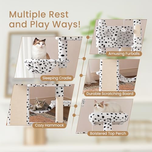 65in Larger Cat Tree Tower Condo for Indoor Kitties (White & Black Spot)